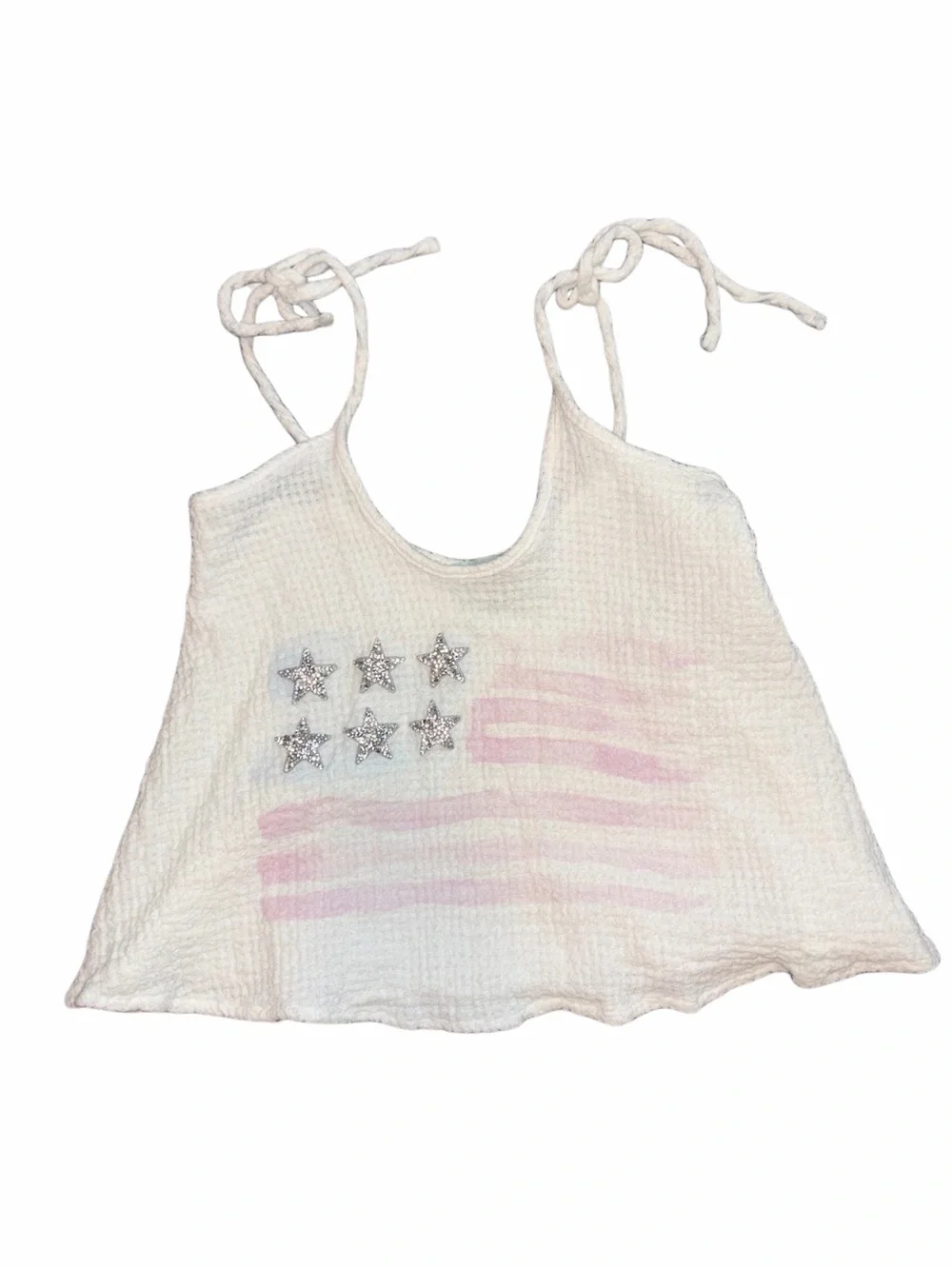 Judith March White Waffle Tie-Strap Tank with Red & Blue Flag Print